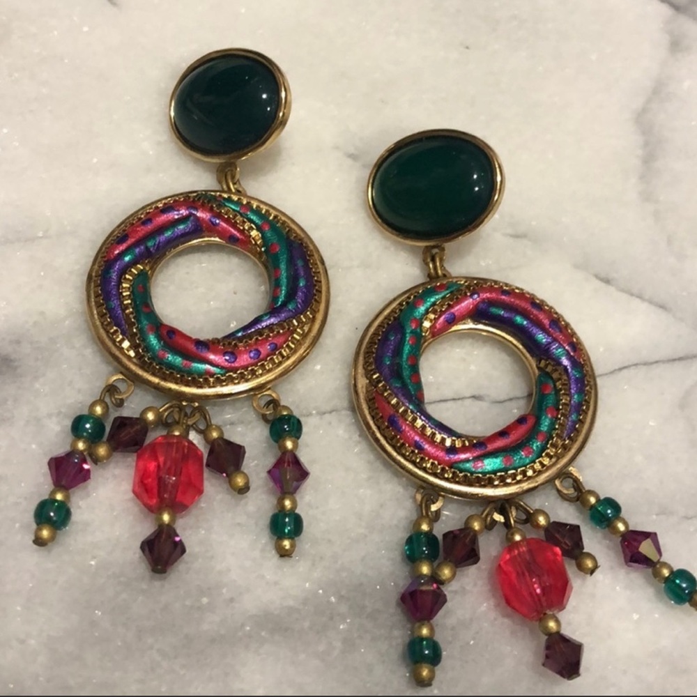 Vintage Michal Golan Artisan Designer Earrings, Green & Pink-Boutique